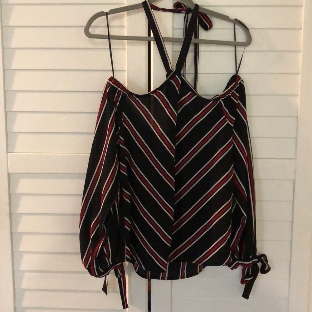 OFF SHOULDER TIE NECK TOP RED BLACK + WHITE STRIPE